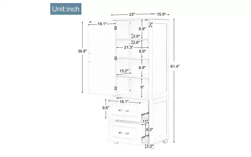 Tall Bathroom Storage Cabinet, Freestanding Storage Cabinet with Two Drawers and Adjustable Shelf