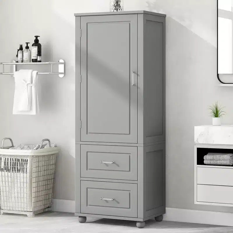 Tall Bathroom Storage Cabinet, Freestanding Storage Cabinet with Two Drawers and Adjustable Shelf