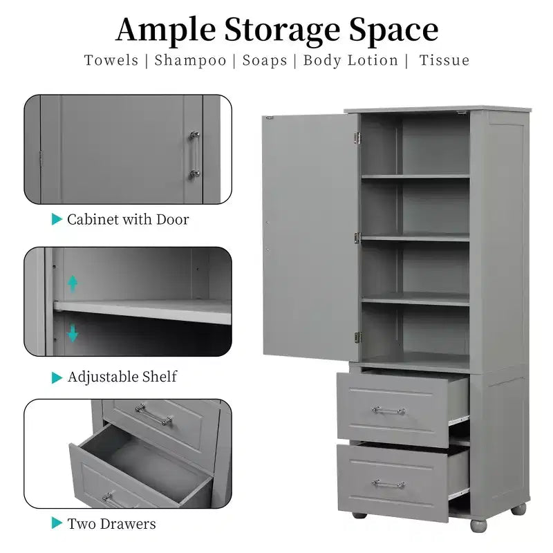 Tall Bathroom Storage Cabinet, Freestanding Storage Cabinet with Two Drawers and Adjustable Shelf