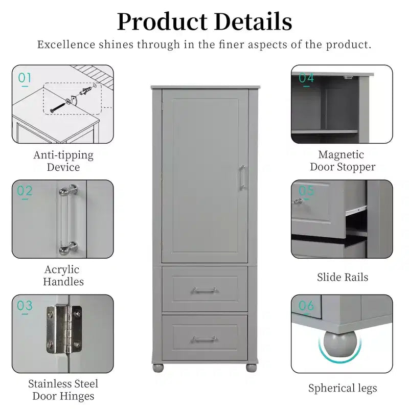 Tall Bathroom Storage Cabinet, Freestanding Storage Cabinet with Two Drawers and Adjustable Shelf