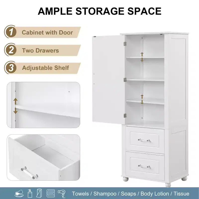 Tall Bathroom Storage Cabinet, Freestanding Storage Cabinet with Two Drawers and Adjustable Shelf