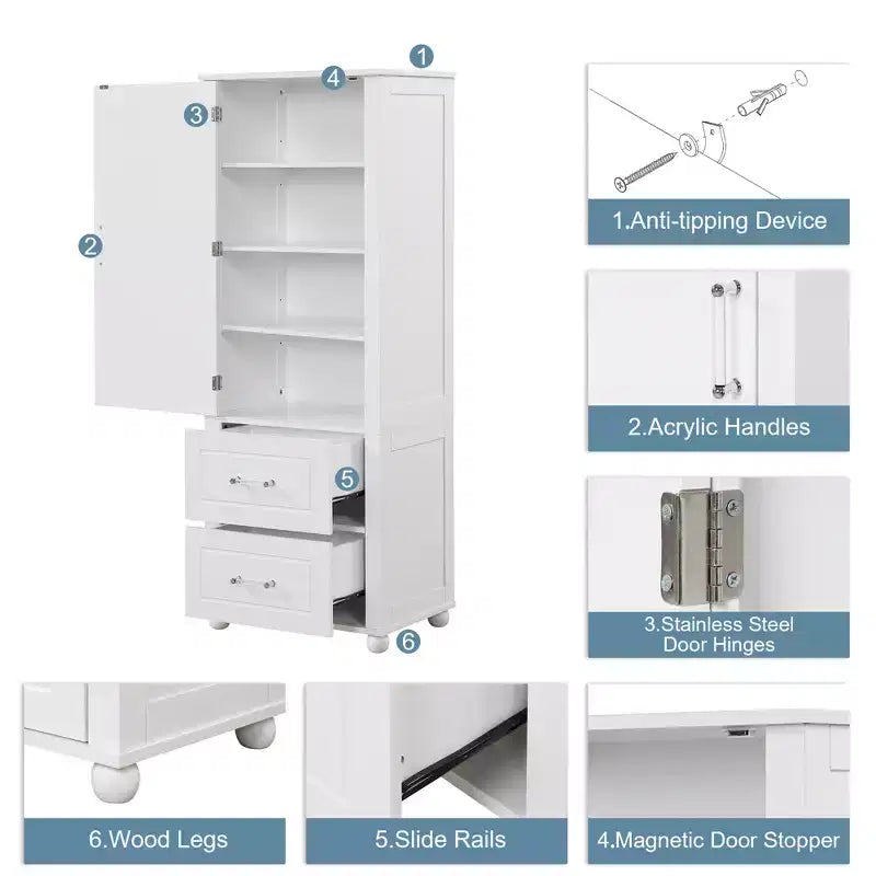 Tall Bathroom Storage Cabinet, Freestanding Storage Cabinet with Two Drawers and Adjustable Shelf