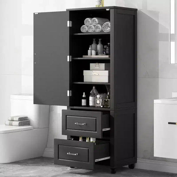 Whisen Tall Bathroom Storage Cabinet, Freestanding Storage Cabinet with Two Drawers and Adjustable Shelf