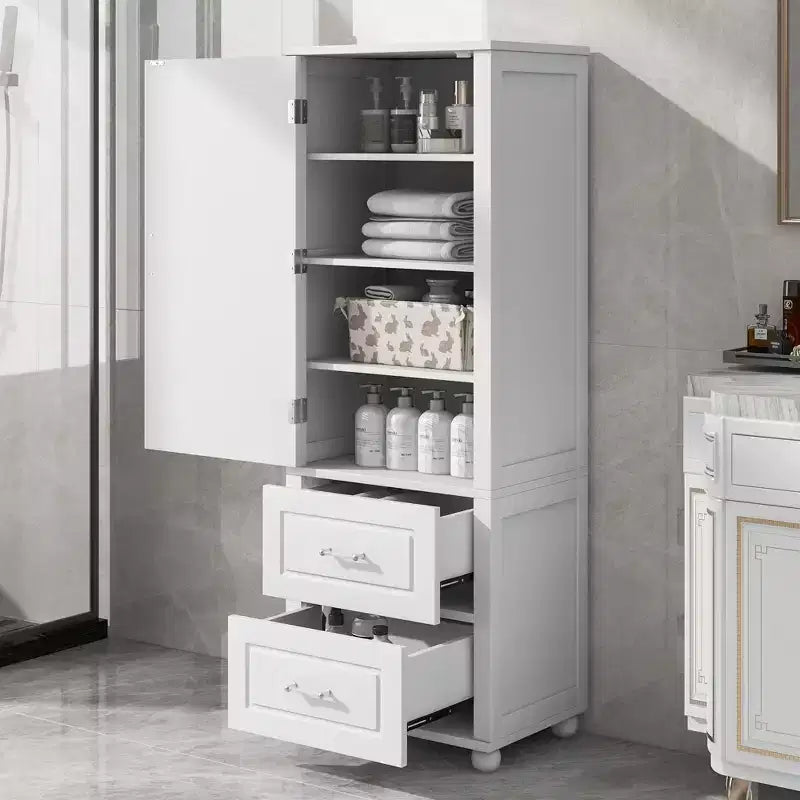 Tall Bathroom Storage Cabinet, Freestanding Storage Cabinet with Two Drawers and Adjustable Shelf