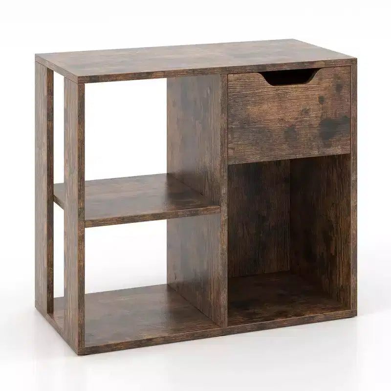 3-Compartment Bookshelf, 2-Tier Open Shelf with Drawers, Home Storage Organizer