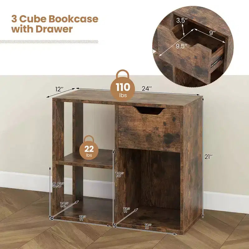 3-Compartment Bookshelf, 2-Tier Open Shelf with Drawers, Home Storage Organizer