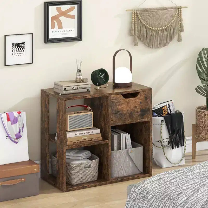 3-Compartment Bookshelf, 2-Tier Open Shelf with Drawers, Home Storage Organizer