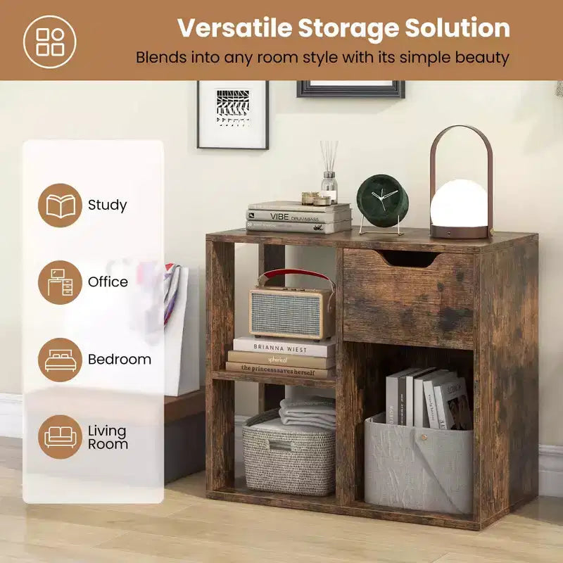 3-Compartment Bookshelf, 2-Tier Open Shelf with Drawers, Home Storage Organizer