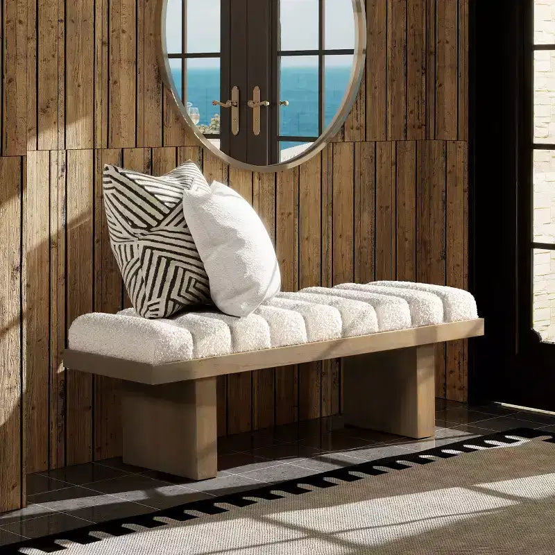 52 Upholstered Modern Accent Bench, Ivory White Boucle