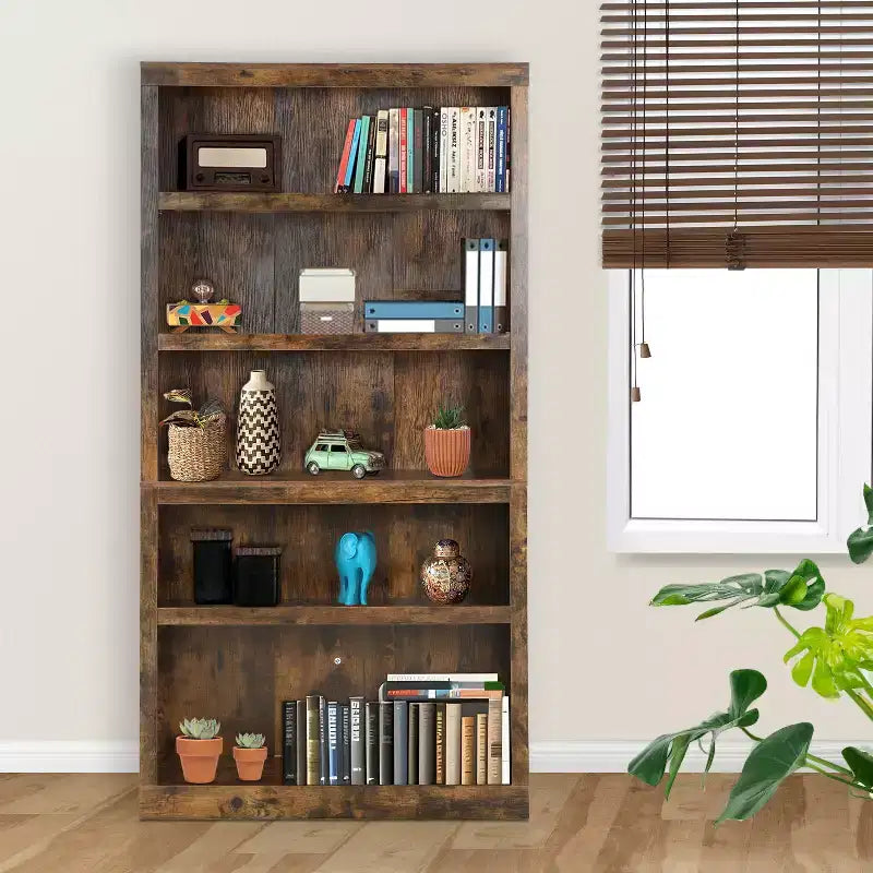 5 Tier Wooden Bookshelf Bookcase and Easy Access for Living Room Bedroom Office, Brown