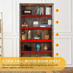 5 Tier Wooden Bookshelf Bookcase and Easy Access for Living Room Bedroom Office, Brown