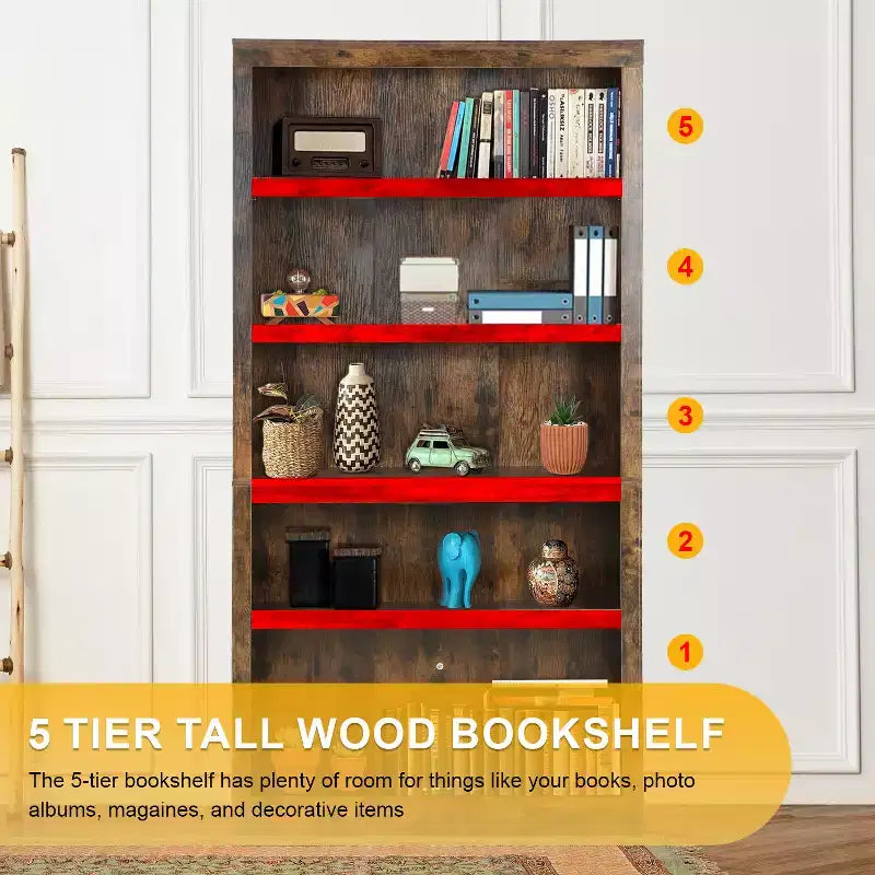 5 Tier Wooden Bookshelf Bookcase and Easy Access for Living Room Bedroom Office, Brown