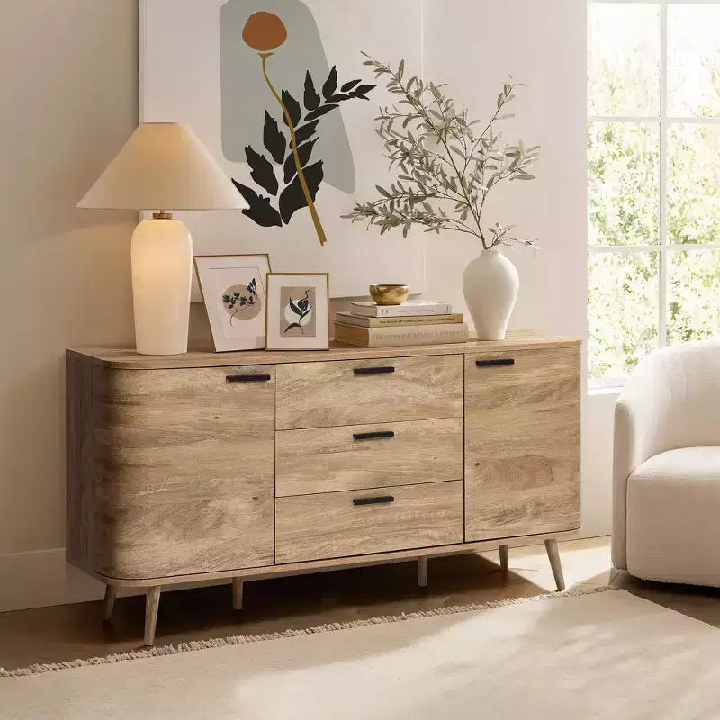 Sideboard Buffet Cabinet with Storage, 59'' Wide Natural Oak Manufactured Wood Accent Console Cabinet with 2-Door and 3-Drawer