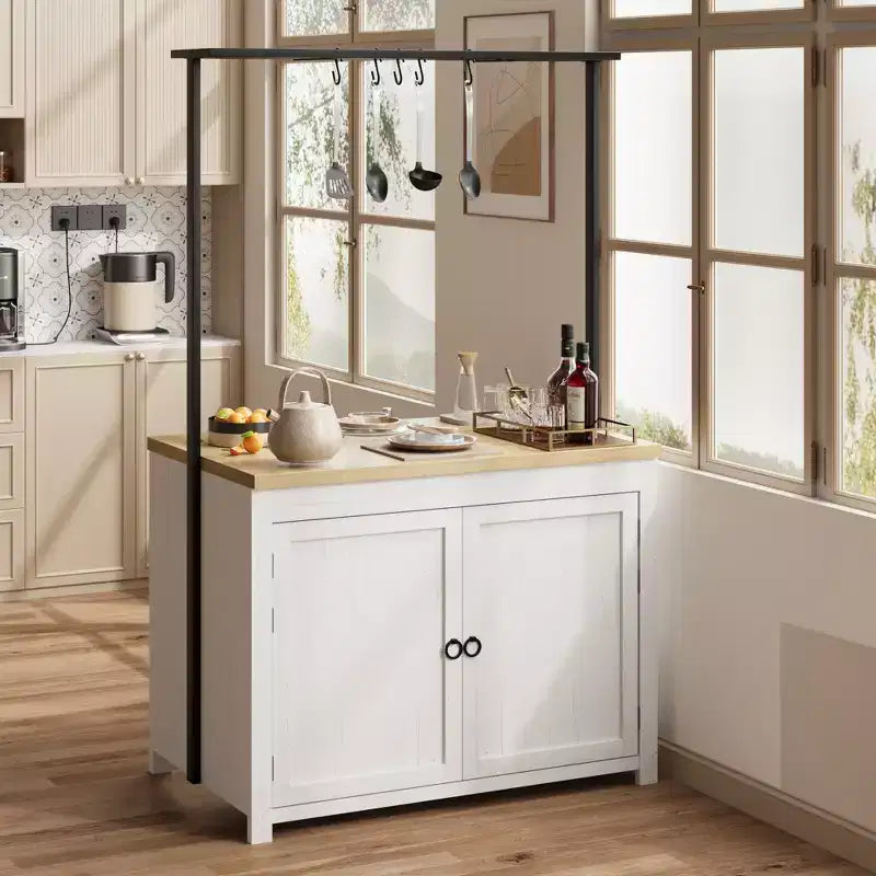42 Kitchen Island with Storage, Island Table with 2-Tier Shelves, Kitchen Counter with 5 Hooks, White & Natural