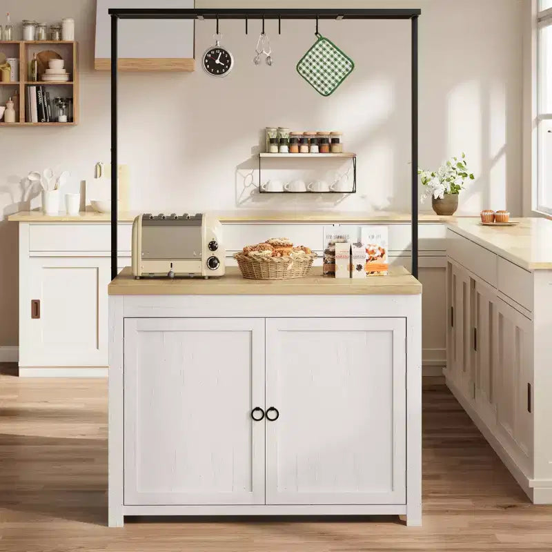 42 Kitchen Island with Storage, Island Table with 2-Tier Shelves, Kitchen Counter with 5 Hooks, White & Natural