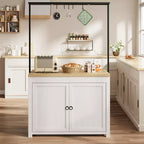 42 Kitchen Island with Storage, Island Table with 2-Tier Shelves, Kitchen Counter with 5 Hooks, White & Natural