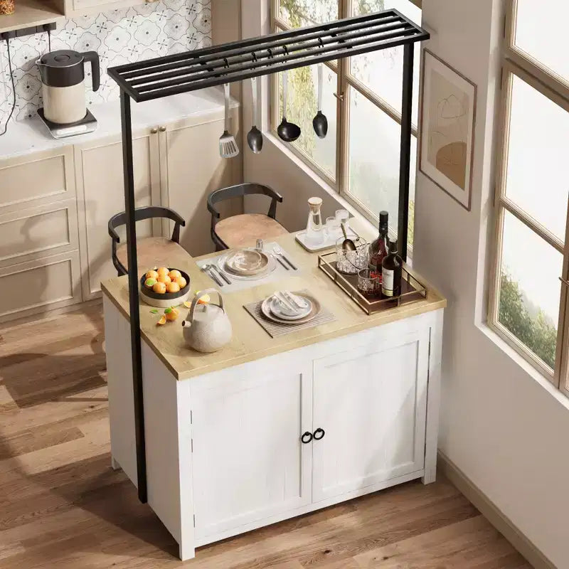 42 Kitchen Island with Storage, Island Table with 2-Tier Shelves, Kitchen Counter with 5 Hooks, White & Natural