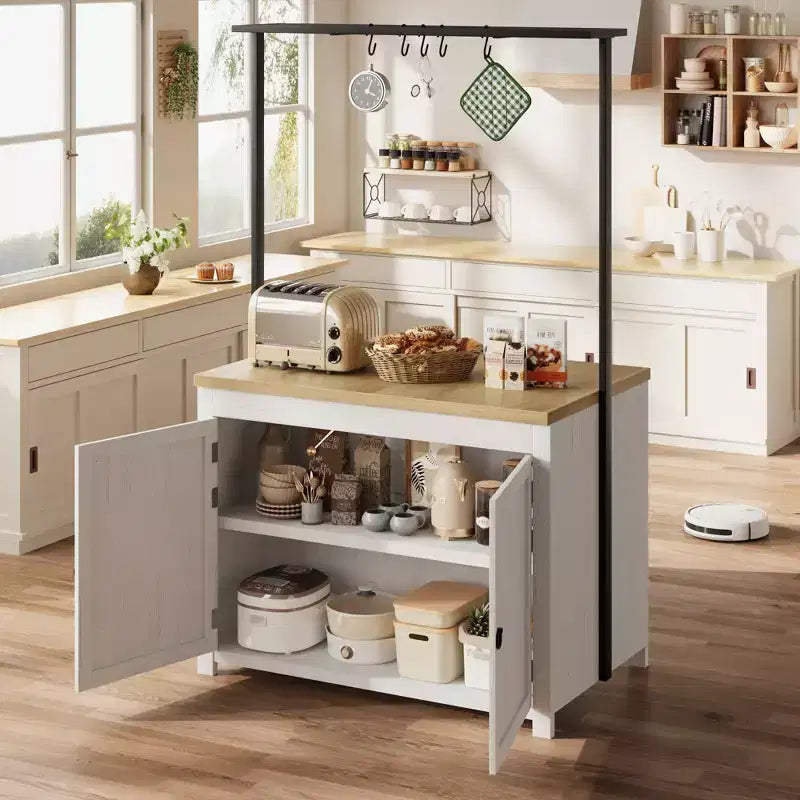 42 Kitchen Island with Storage, Island Table with 2-Tier Shelves, Kitchen Counter with 5 Hooks, White & Natural