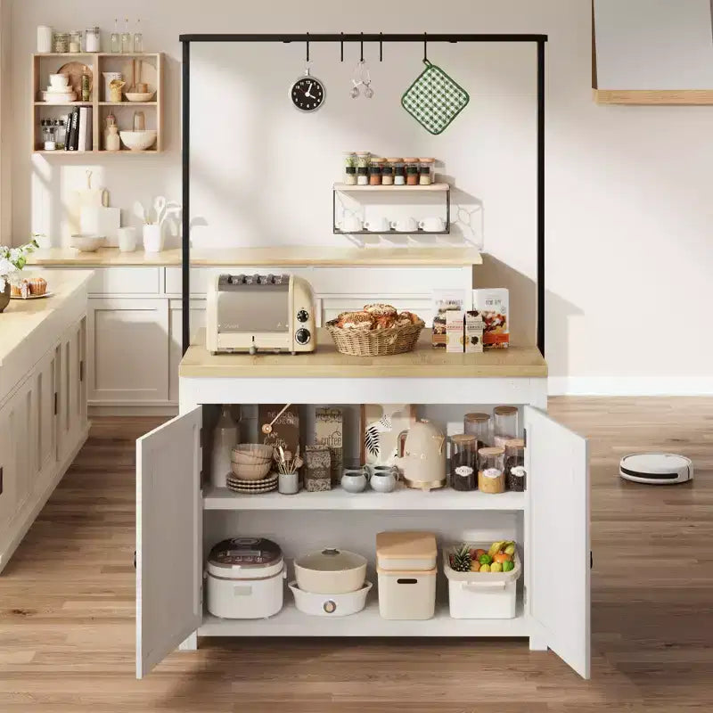 42 Kitchen Island with Storage, Island Table with 2-Tier Shelves, Kitchen Counter with 5 Hooks, White & Natural