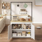 42 Kitchen Island with Storage, Island Table with 2-Tier Shelves, Kitchen Counter with 5 Hooks, White & Natural