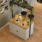 42 Kitchen Island with Storage, Island Table with 2-Tier Shelves, Kitchen Counter with 5 Hooks, White & Natural