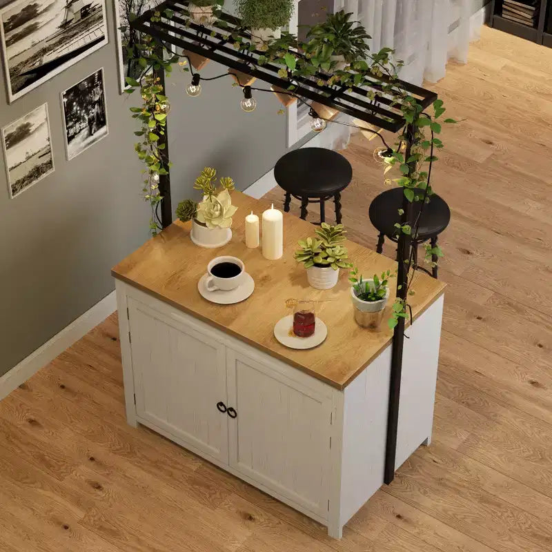 42 Kitchen Island with Storage, Island Table with 2-Tier Shelves, Kitchen Counter with 5 Hooks, White & Natural