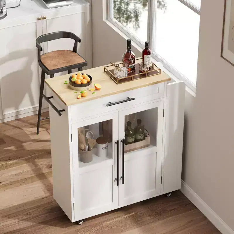 Rolling Wooden Kitchen Island with Drawer, Kitchen Cart with Storage Cabinet on Wheels, Thicker Wooden Top Trolley Island with 3 Spice Rack