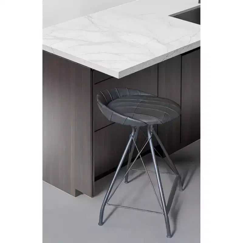 24 Gray Leather and Iron Low Back Counter Height Swivel Bar Chair