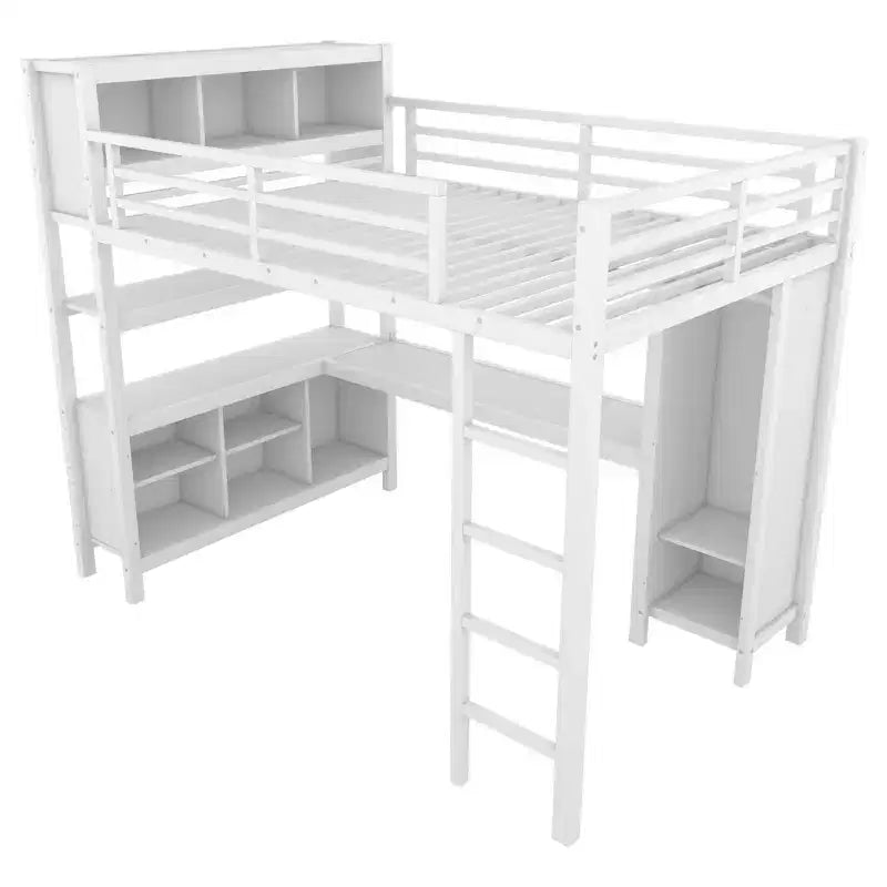Full/Queen Size Loft Bed with Wardrobe & L-Shaped Desk,Heavy Duty Metal Bunk Beds with Storage,High Loft Beds for Teens & Adults