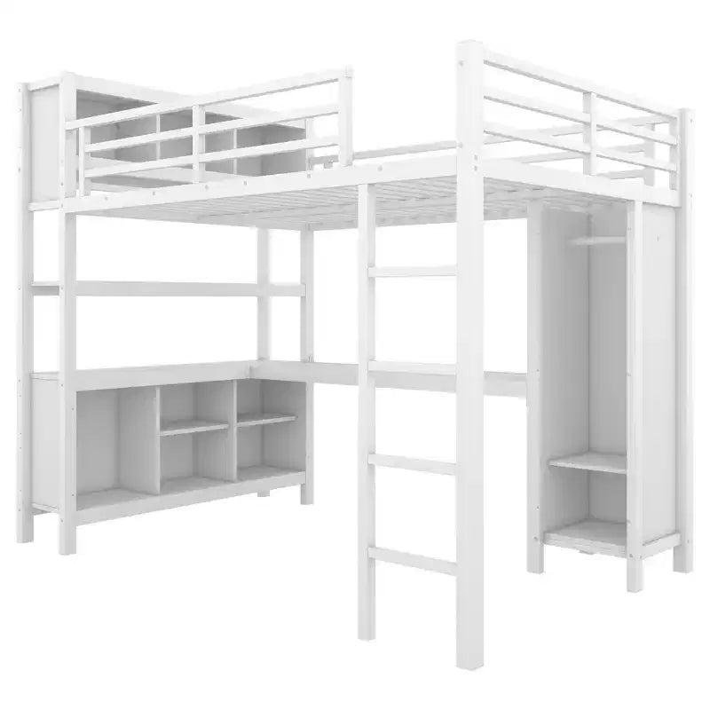 Full/Queen Size Loft Bed with Wardrobe & L-Shaped Desk,Heavy Duty Metal Bunk Beds with Storage,High Loft Beds for Teens & Adults