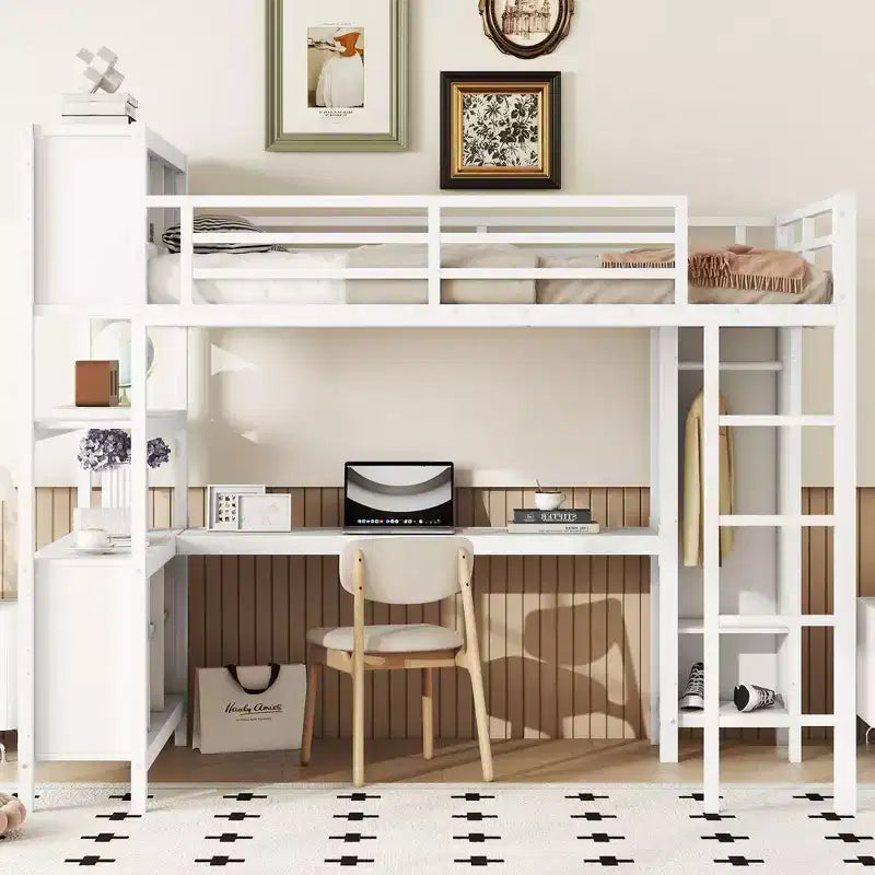 Full/Queen Size Loft Bed with Wardrobe & L-Shaped Desk,Heavy Duty Metal Bunk Beds with Storage,High Loft Beds for Teens & Adults