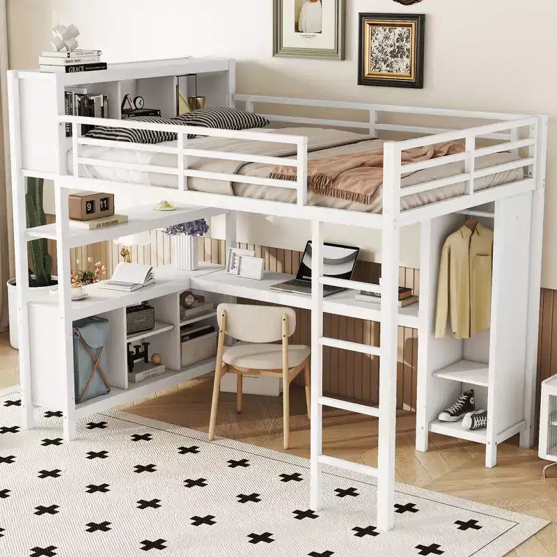 Full/Queen Size Loft Bed with Wardrobe & L-Shaped Desk,Heavy Duty Metal Bunk Beds with Storage,High Loft Beds for Teens & Adults