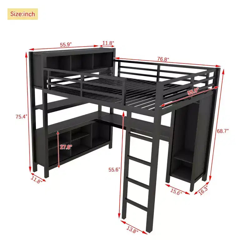 Full/Queen Size Loft Bed with Wardrobe & L-Shaped Desk,Heavy Duty Metal Bunk Beds with Storage,High Loft Beds for Teens & Adults