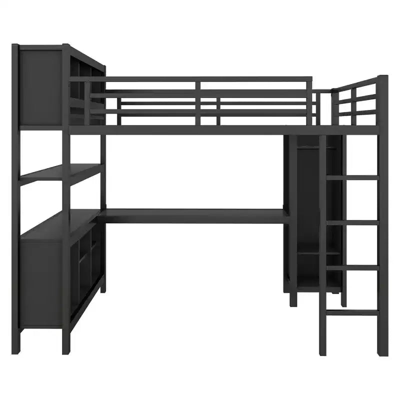 Full/Queen Size Loft Bed with Wardrobe & L-Shaped Desk,Heavy Duty Metal Bunk Beds with Storage,High Loft Beds for Teens & Adults