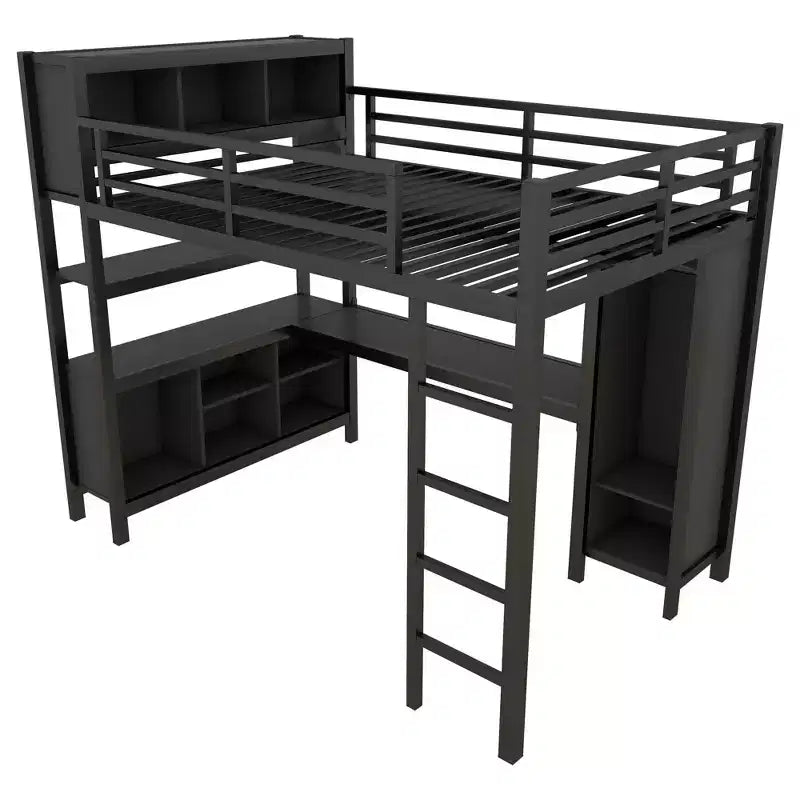 Full/Queen Size Loft Bed with Wardrobe & L-Shaped Desk,Heavy Duty Metal Bunk Beds with Storage,High Loft Beds for Teens & Adults