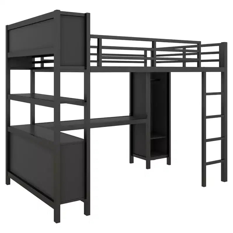 Full/Queen Size Loft Bed with Wardrobe & L-Shaped Desk,Heavy Duty Metal Bunk Beds with Storage,High Loft Beds for Teens & Adults