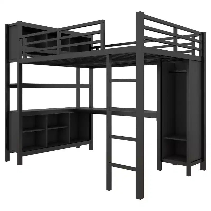 Full/Queen Size Loft Bed with Wardrobe & L-Shaped Desk,Heavy Duty Metal Bunk Beds with Storage,High Loft Beds for Teens & Adults