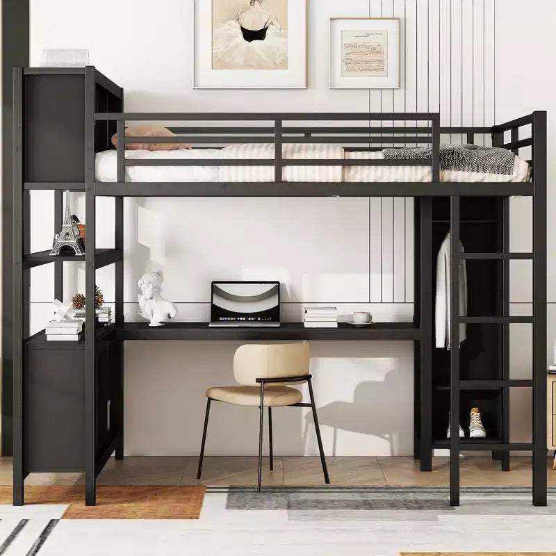 Full/Queen Size Loft Bed with Wardrobe & L-Shaped Desk,Heavy Duty Metal Bunk Beds with Storage,High Loft Beds for Teens & Adults