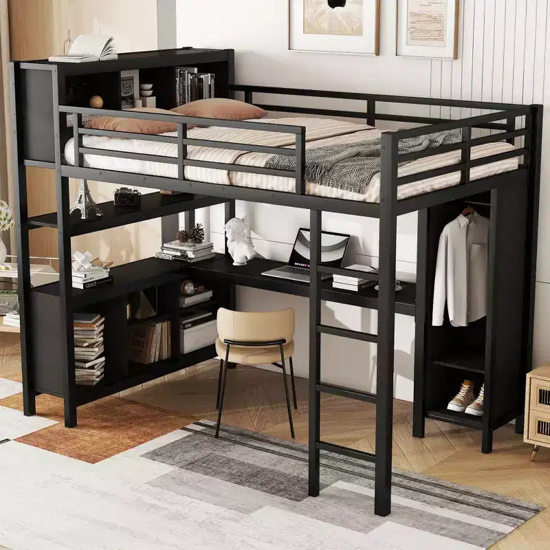 Full/Queen Size Loft Bed with Wardrobe & L-Shaped Desk,Heavy Duty Metal Bunk Beds with Storage,High Loft Beds for Teens & Adults