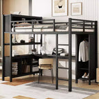 Full/Queen Size Loft Bed with Wardrobe & L-Shaped Desk,Heavy Duty Metal Bunk Beds with Storage,High Loft Beds for Teens & Adults