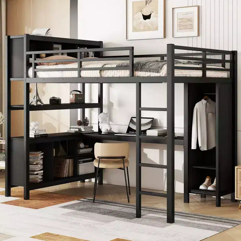 Full/Queen Size Loft Bed with Wardrobe & L-Shaped Desk,Heavy Duty Metal Bunk Beds with Storage,High Loft Beds for Teens & Adults