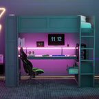 Full/Twin Size Wooden Loft Bed with Desk & Multi-storage Shelves,Bunk Bed with LEDs,Charging Station, Loft Beds for Kids,Teens