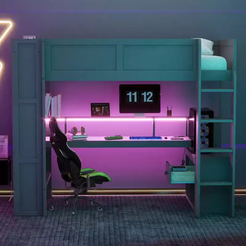 Full/Twin Size Wooden Loft Bed with Desk & Multi-storage Shelves,Bunk Bed with LEDs,Charging Station, Loft Beds for Kids,Teens