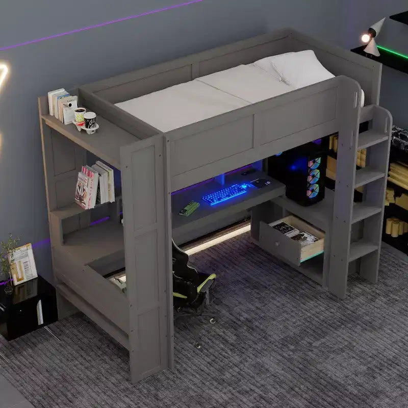 Full/Twin Size Wooden Loft Bed with Desk & Multi-storage Shelves,Bunk Bed with LEDs,Charging Station, Loft Beds for Kids,Teens