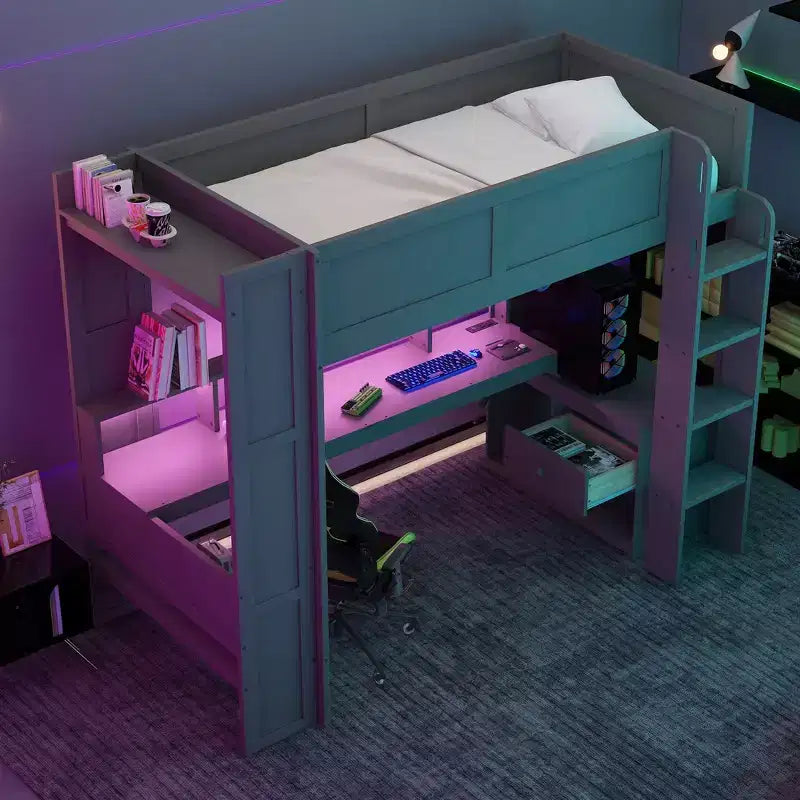 Full/Twin Size Wooden Loft Bed with Desk & Multi-storage Shelves,Bunk Bed with LEDs,Charging Station, Loft Beds for Kids,Teens