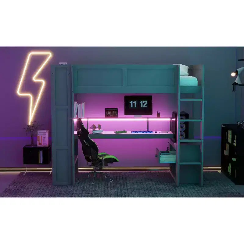 Full/Twin Size Wooden Loft Bed with Desk & Multi-storage Shelves,Bunk Bed with LEDs,Charging Station, Loft Beds for Kids,Teens