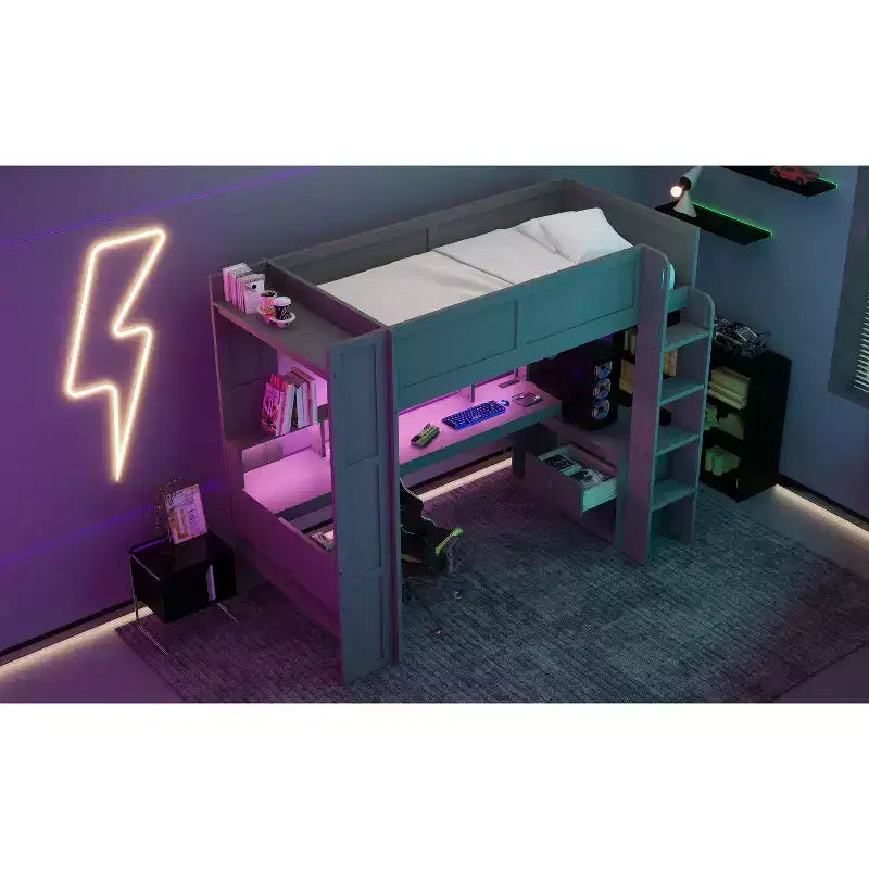 Full/Twin Size Wooden Loft Bed with Desk & Multi-storage Shelves,Bunk Bed with LEDs,Charging Station, Loft Beds for Kids,Teens