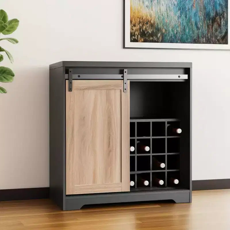 32 Charcoal And Natural Wood Barn Door Bar Cabinet