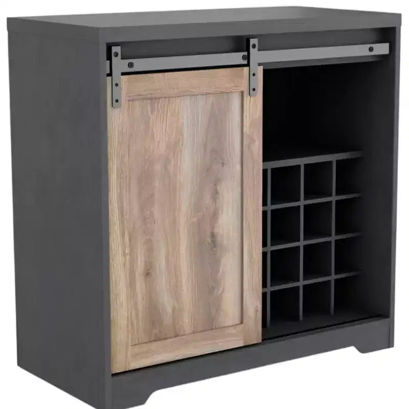 32 Charcoal And Natural Wood Barn Door Bar Cabinet