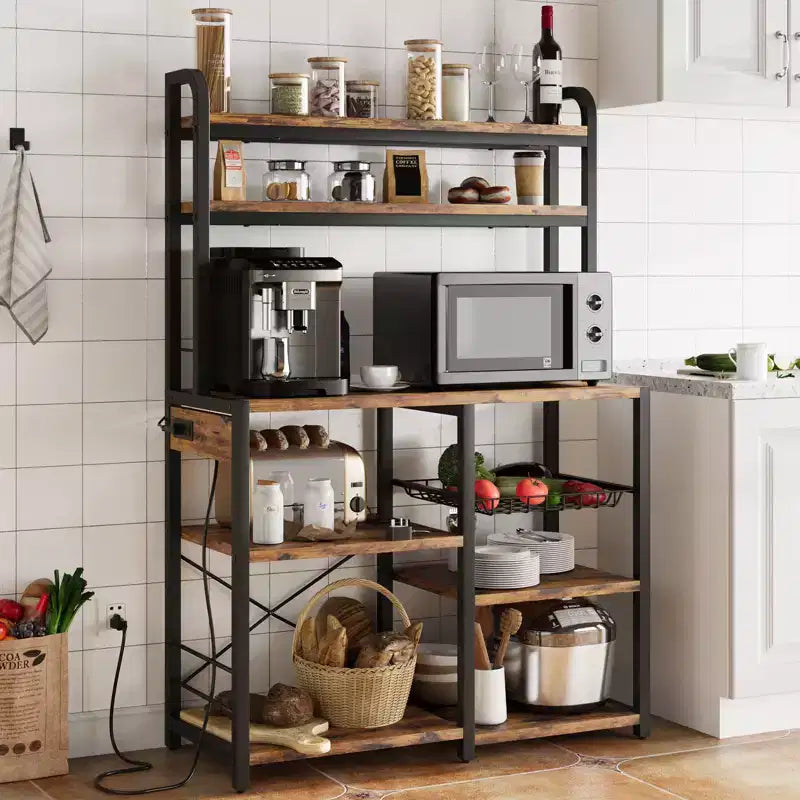 6 Tier Bakers Rack with Power OutletMicrowave Stand and Coffee Bar Table for Kitchen Storage of Spices, and Pans